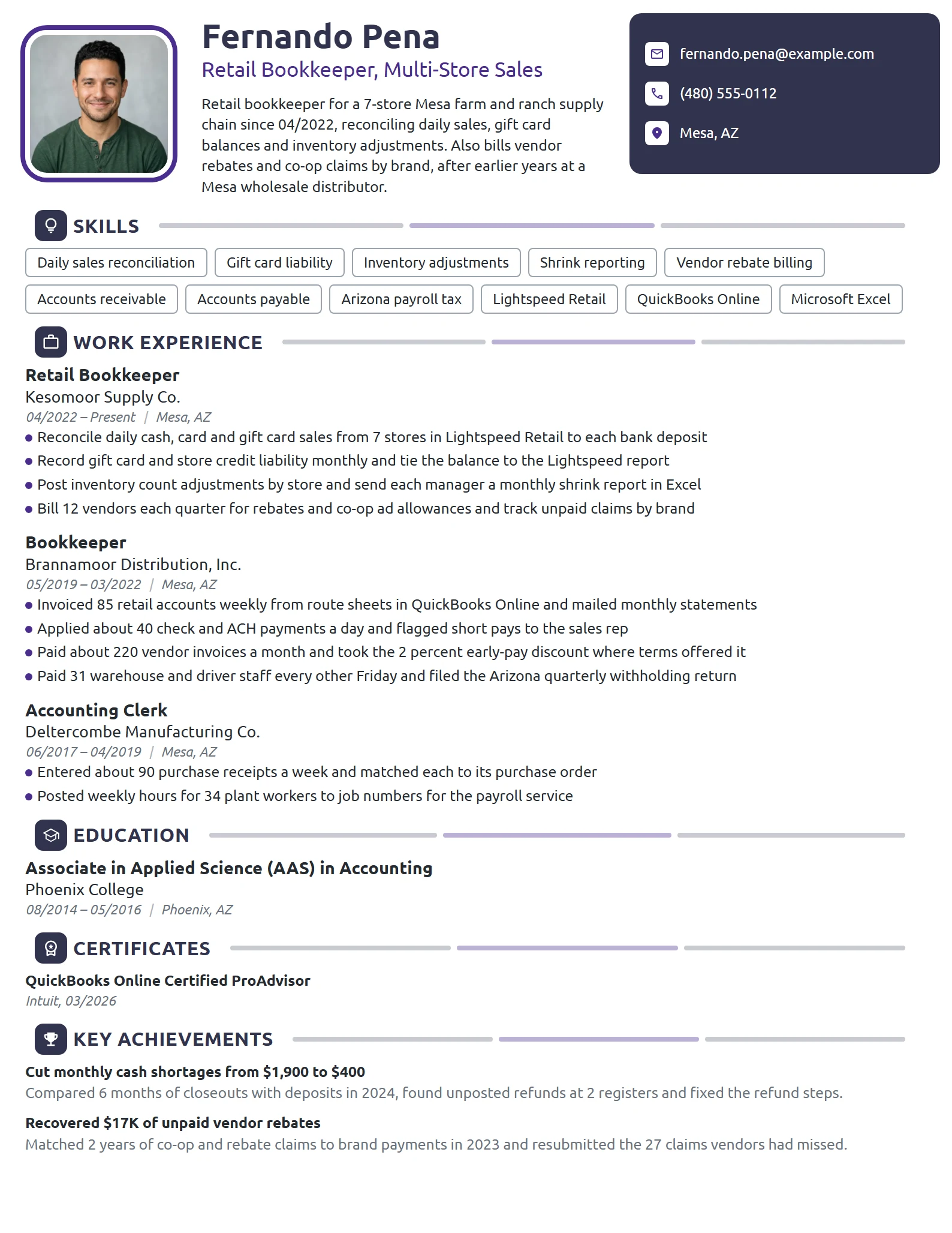 Retail Bookkeeper resume example