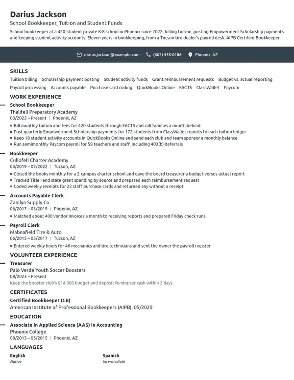 School Bookkeeper resume example
