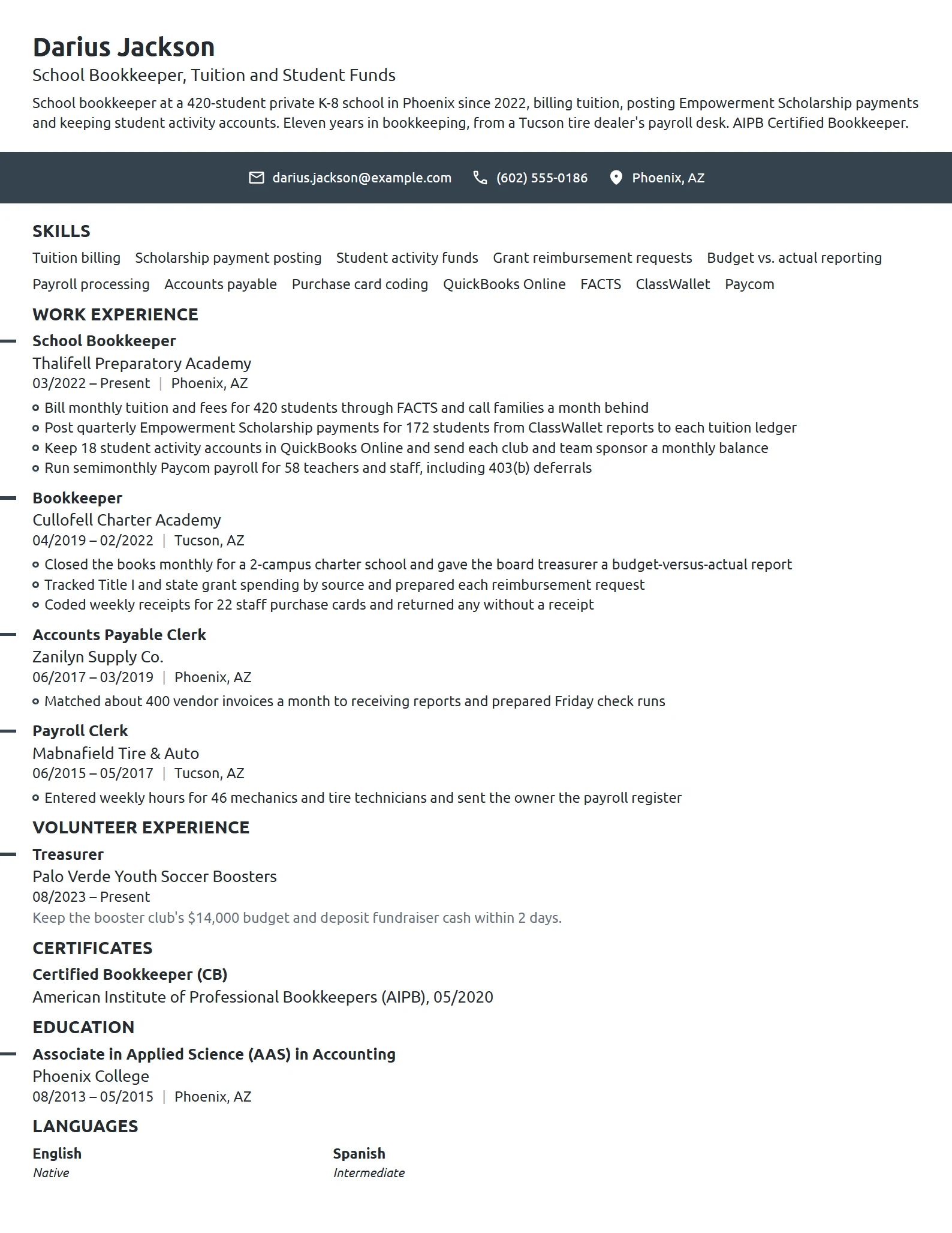 School Bookkeeper resume example