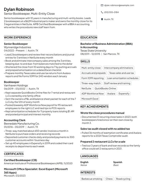 Senior Bookkeeper resume example