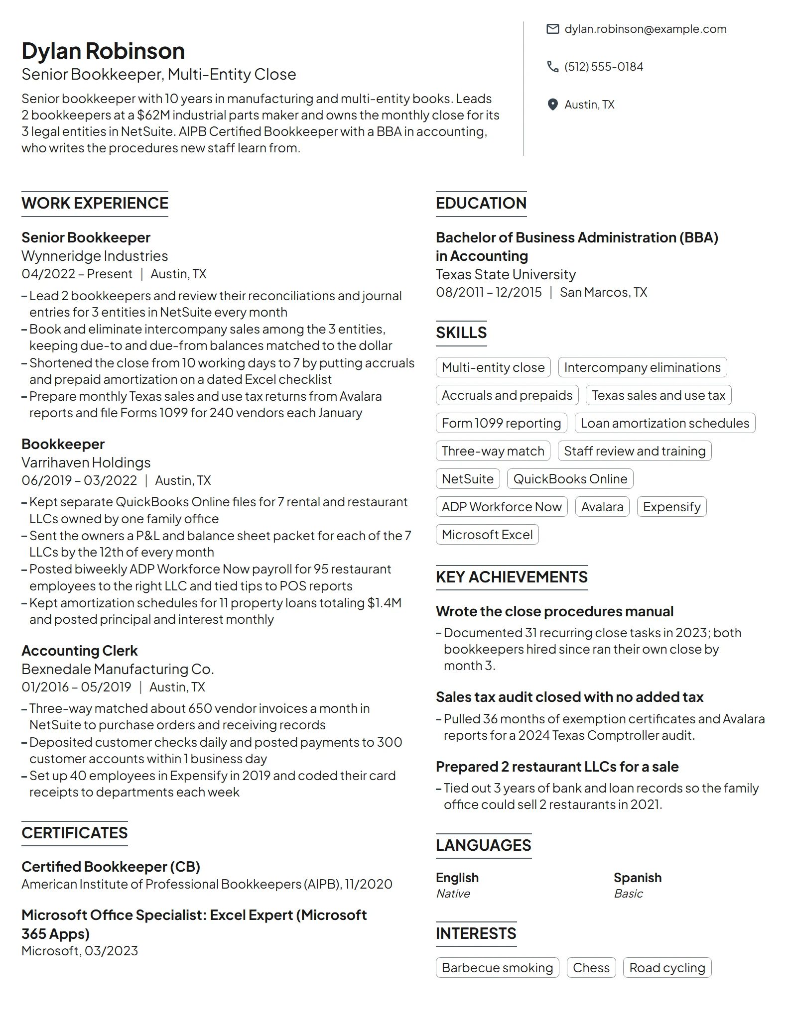 Senior Bookkeeper resume example