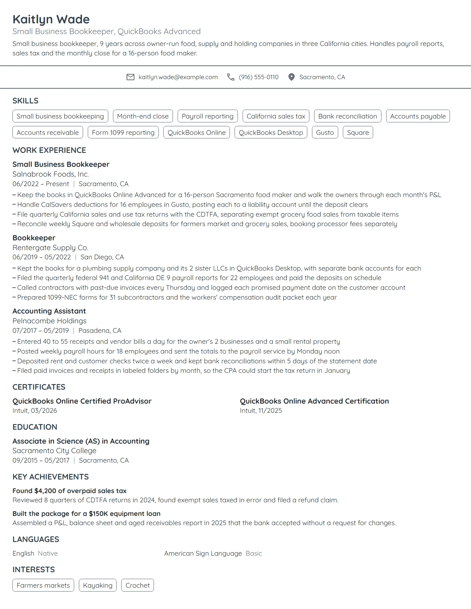 Small Business Bookkeeper resume example