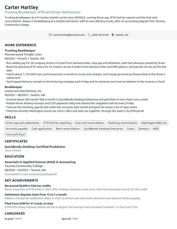 Trucking Bookkeeper resume example