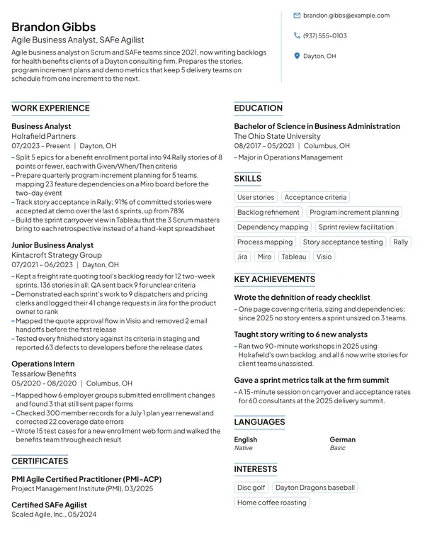 Agile Business Analyst resume example