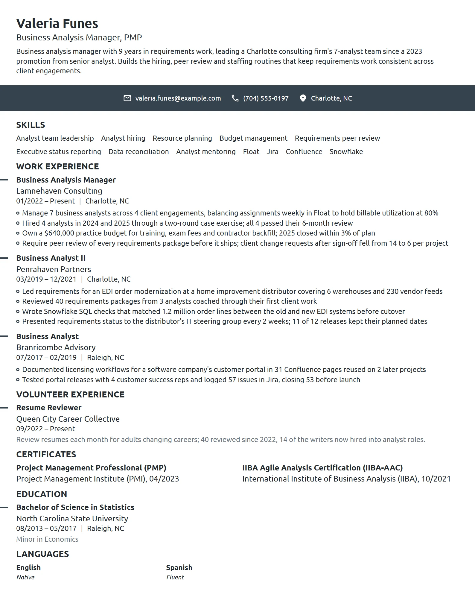 Business Analysis Manager resume example