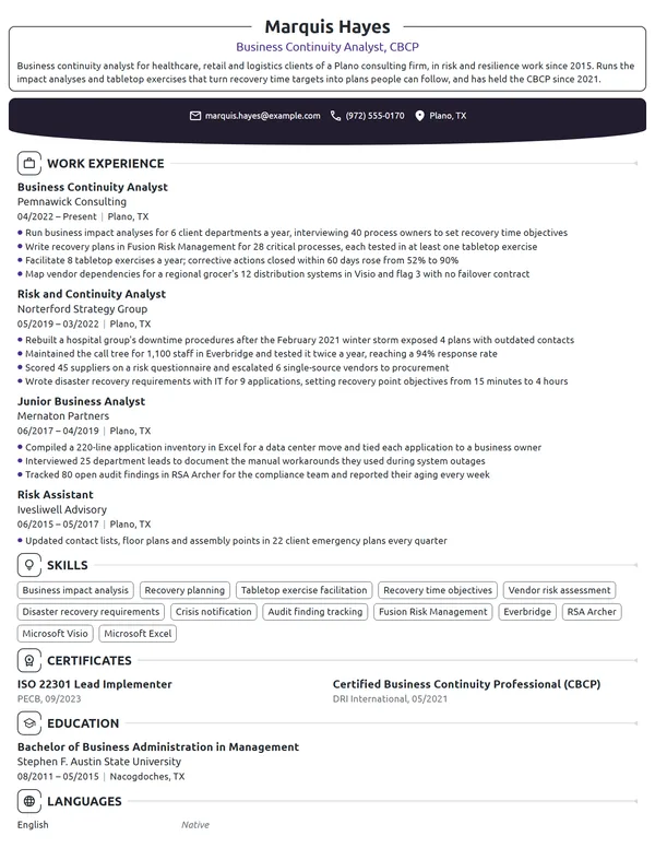 Business Continuity Analyst resume example