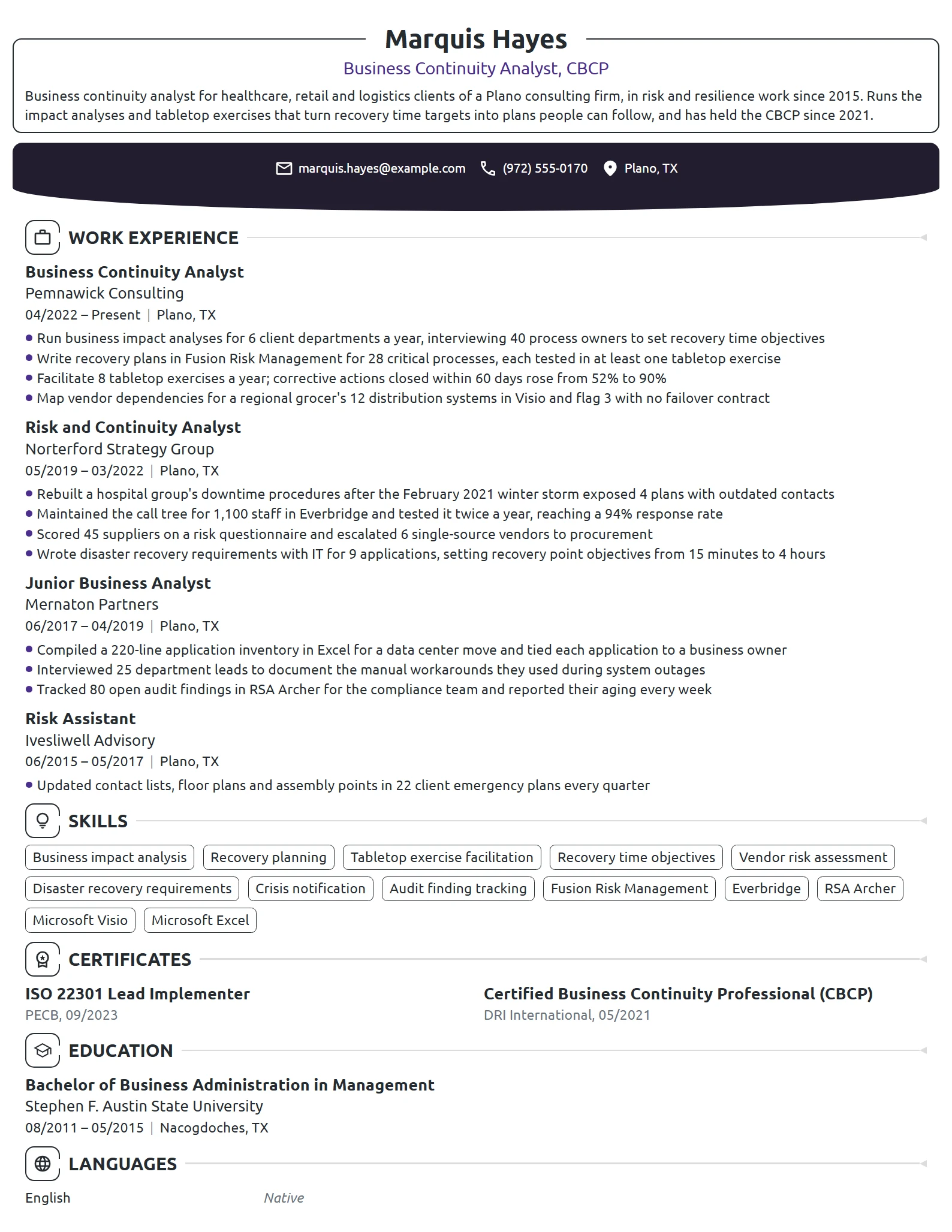 Business Continuity Analyst resume example