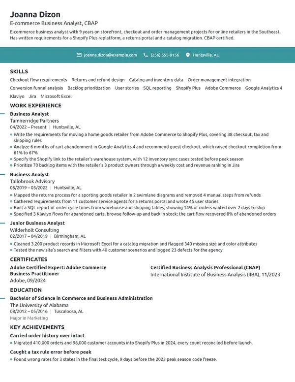 E-commerce Business Analyst resume example