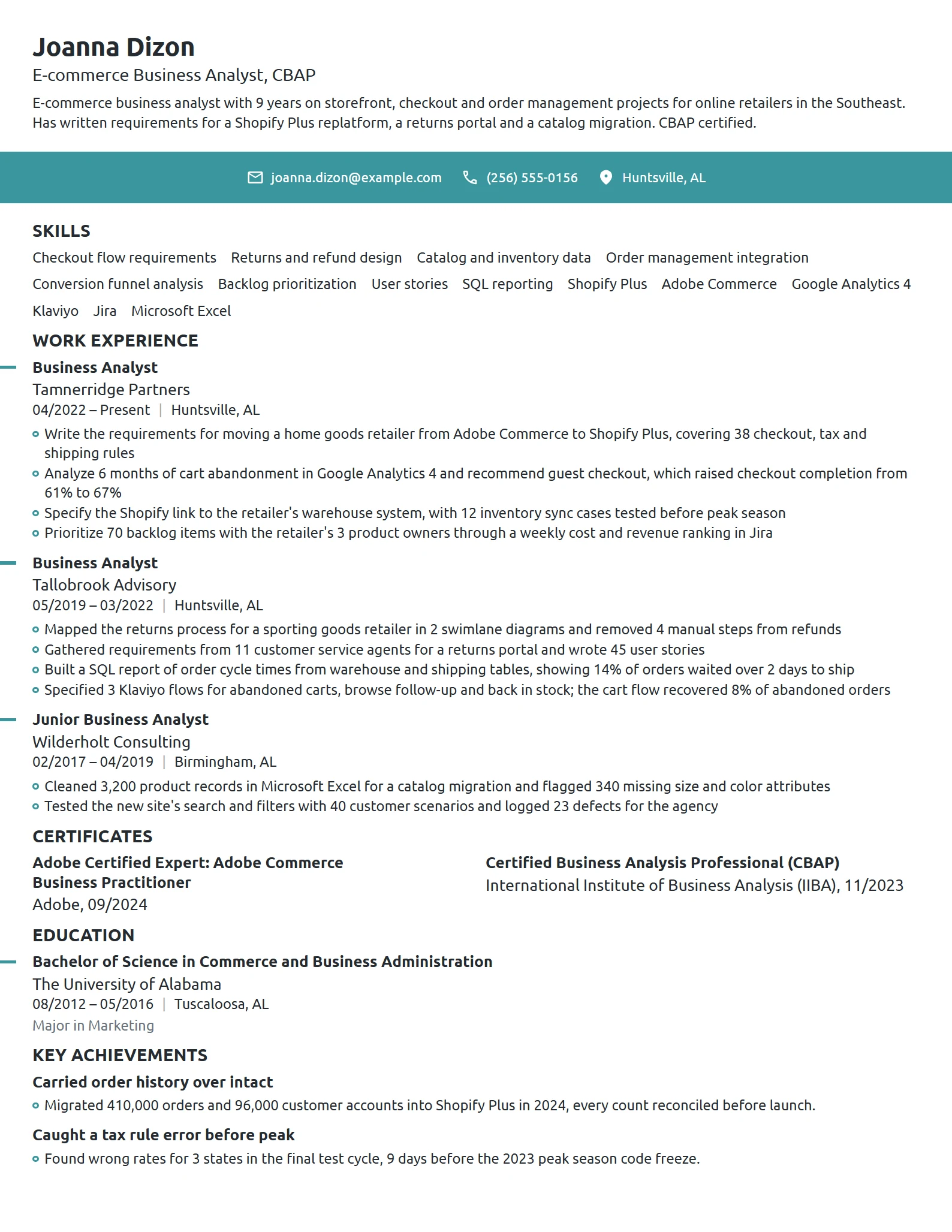 E-commerce Business Analyst resume example