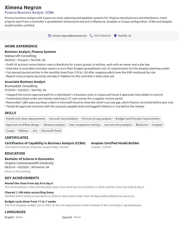Finance Business Analyst resume example