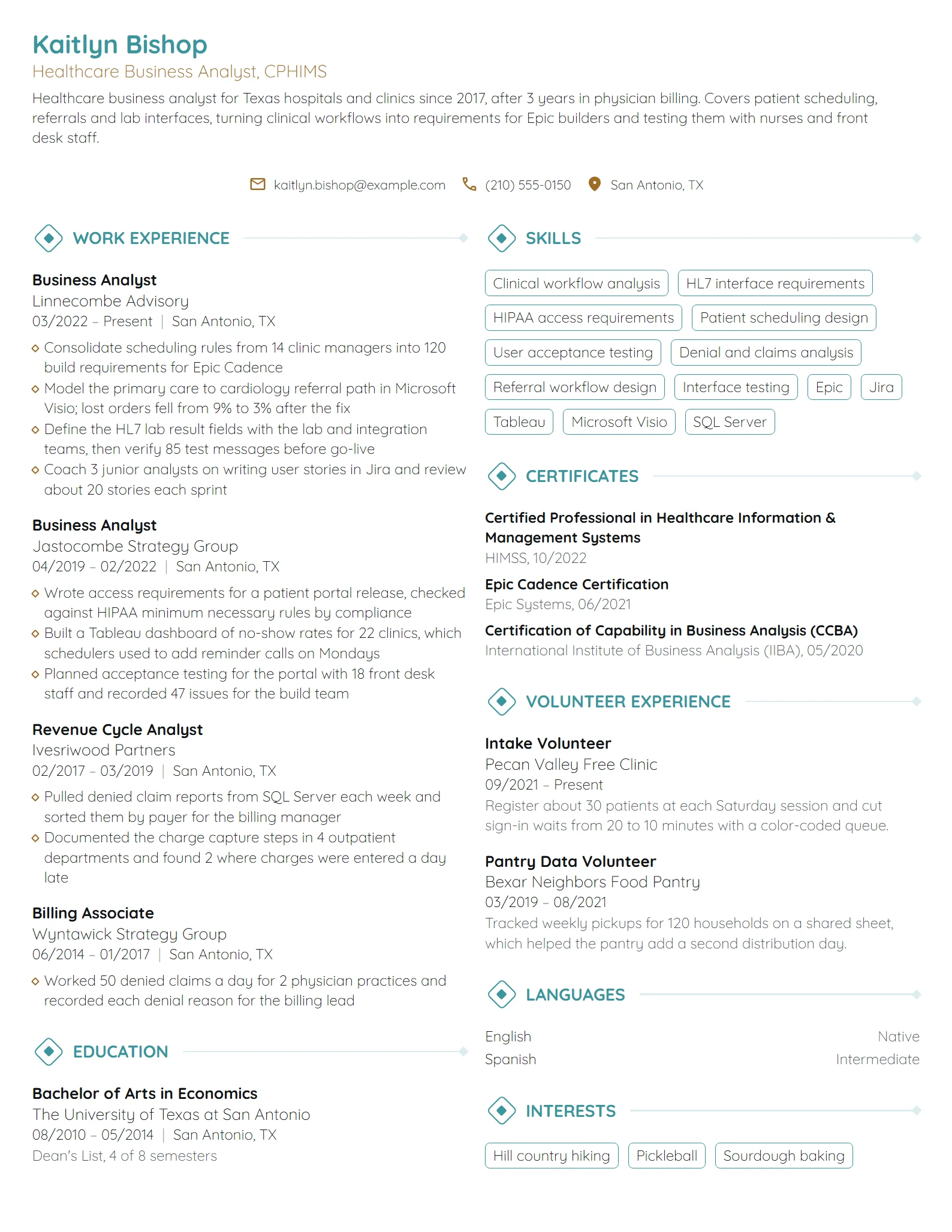 Healthcare Business Analyst resume example