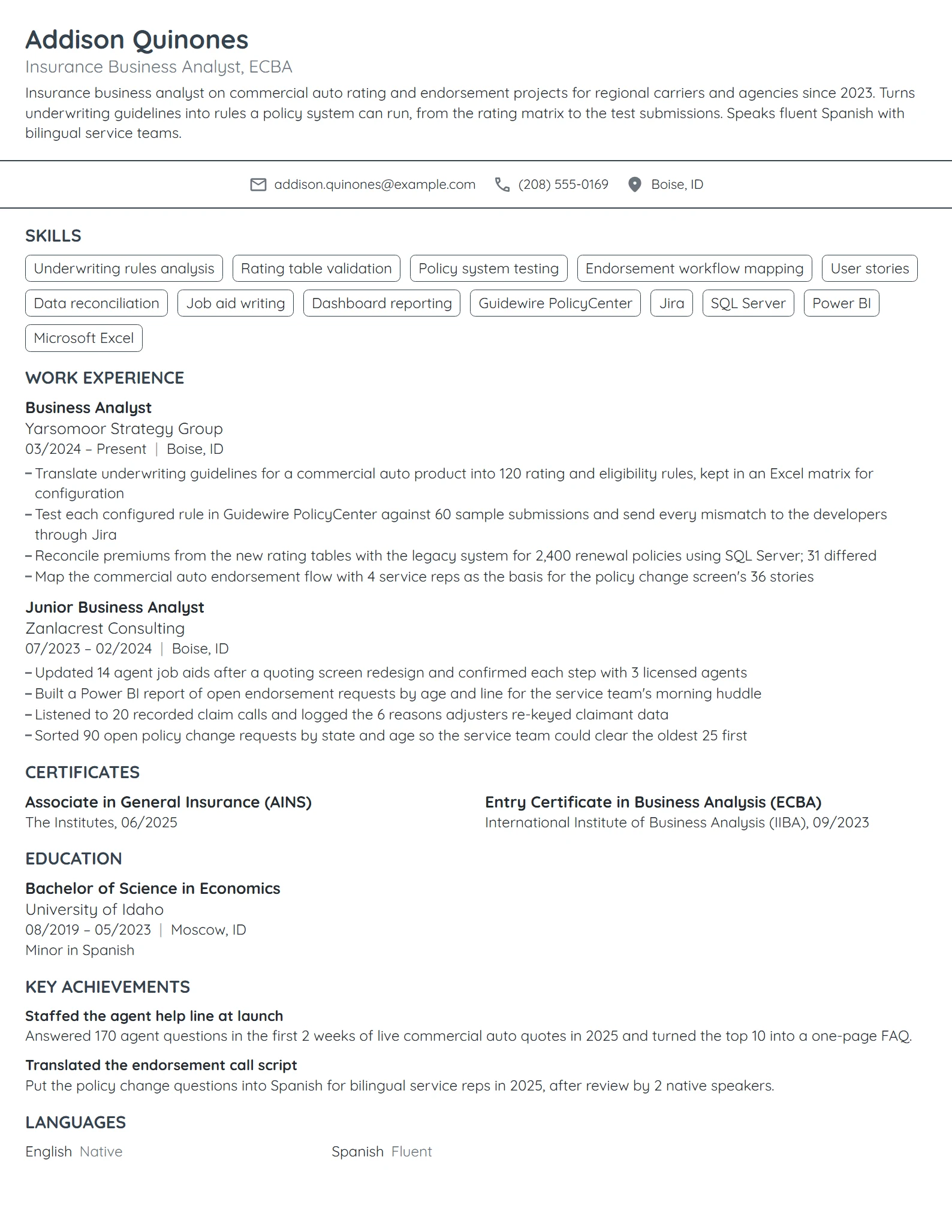 Insurance Business Analyst resume example