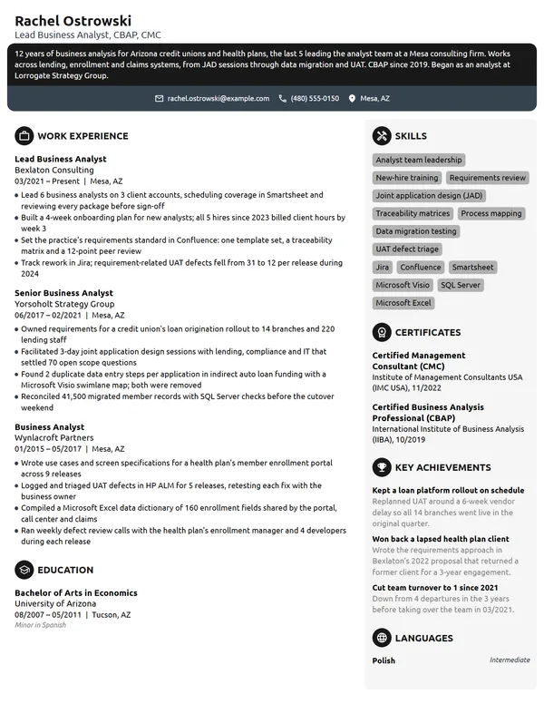 Lead Business Analyst resume example