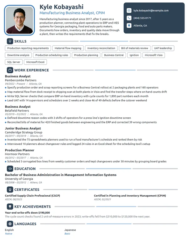 Manufacturing Business Analyst resume example