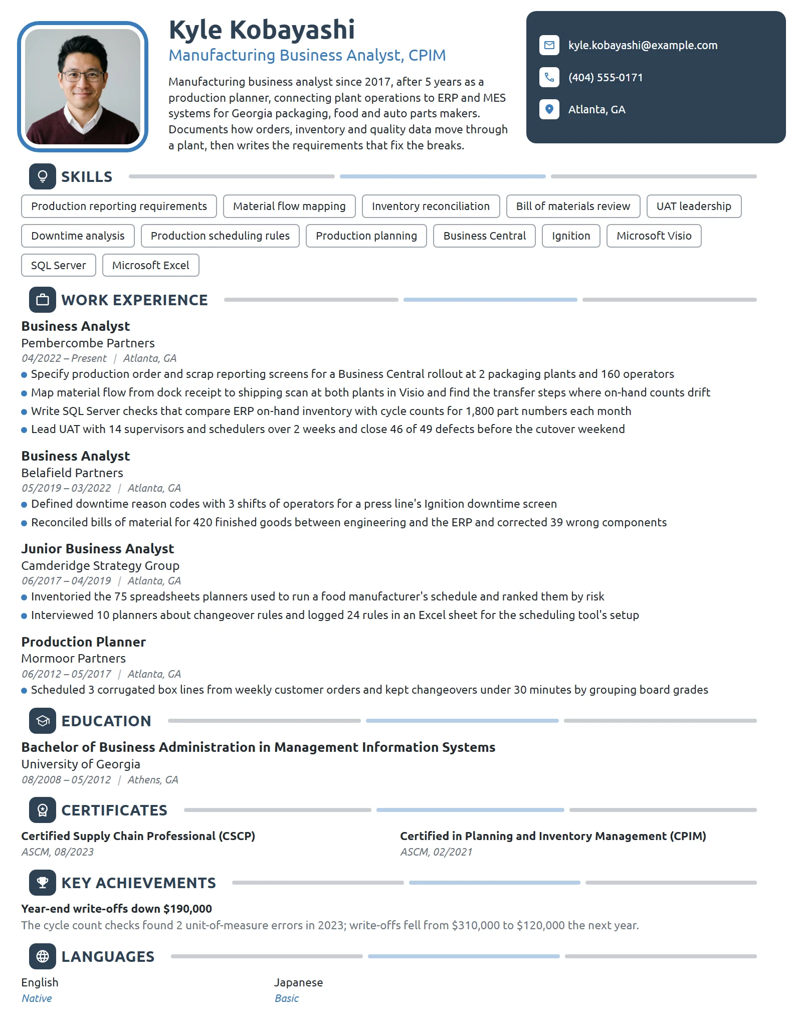 Manufacturing Business Analyst resume example