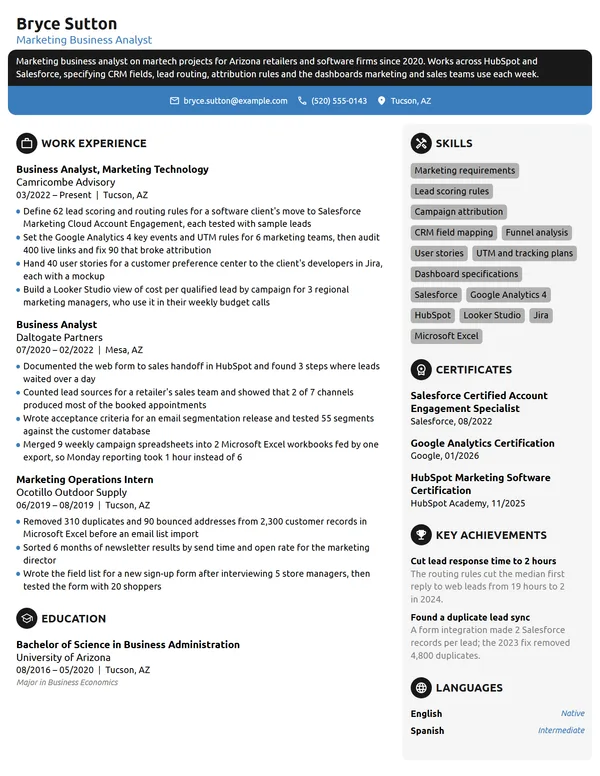 Marketing Business Analyst resume example