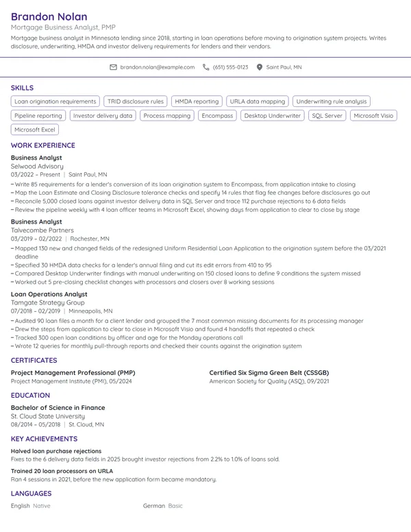 Mortgage Business Analyst resume example