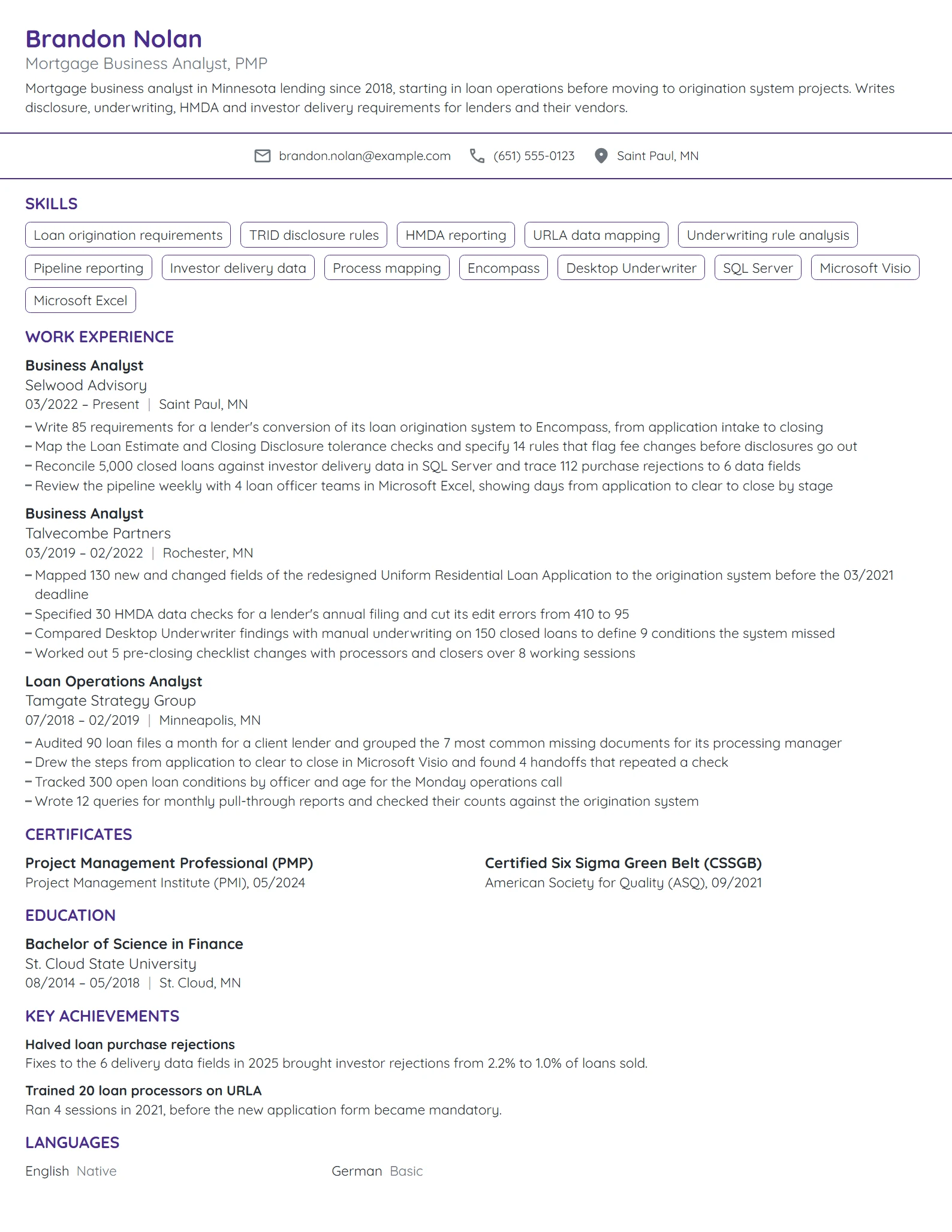 Mortgage Business Analyst resume example