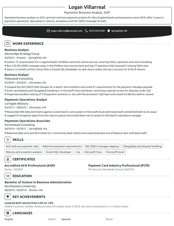 Payments Business Analyst resume example