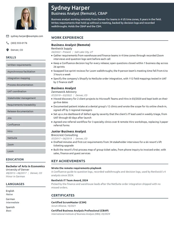 Remote Business Analyst resume example