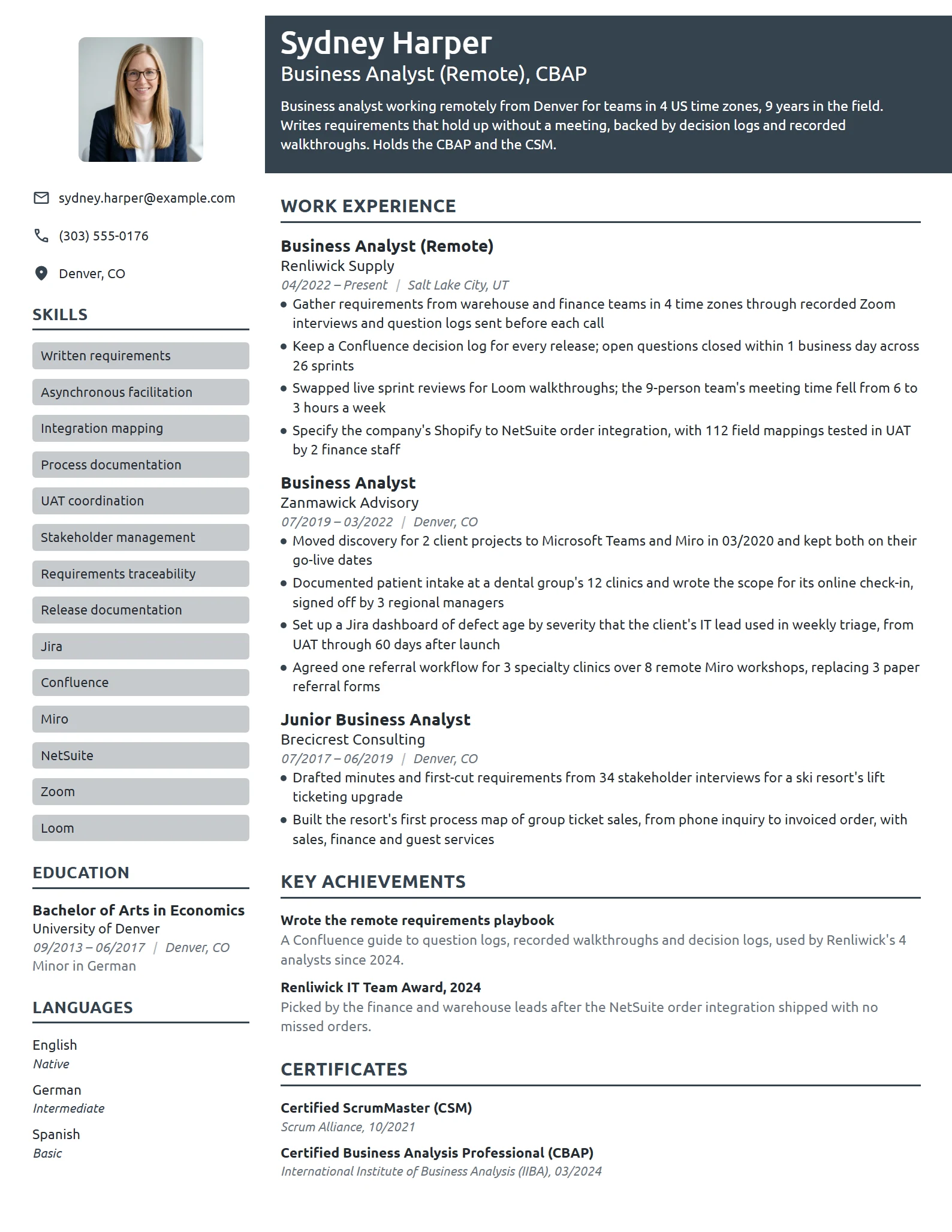 Remote Business Analyst resume example