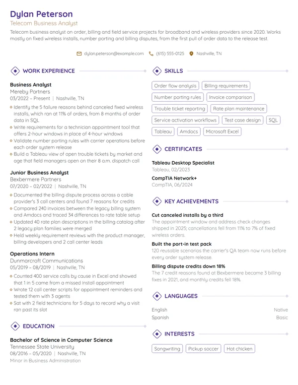 Telecom Business Analyst resume example