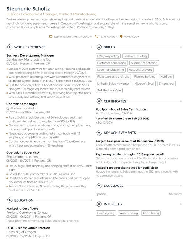 Career Change Business Development Manager resume example