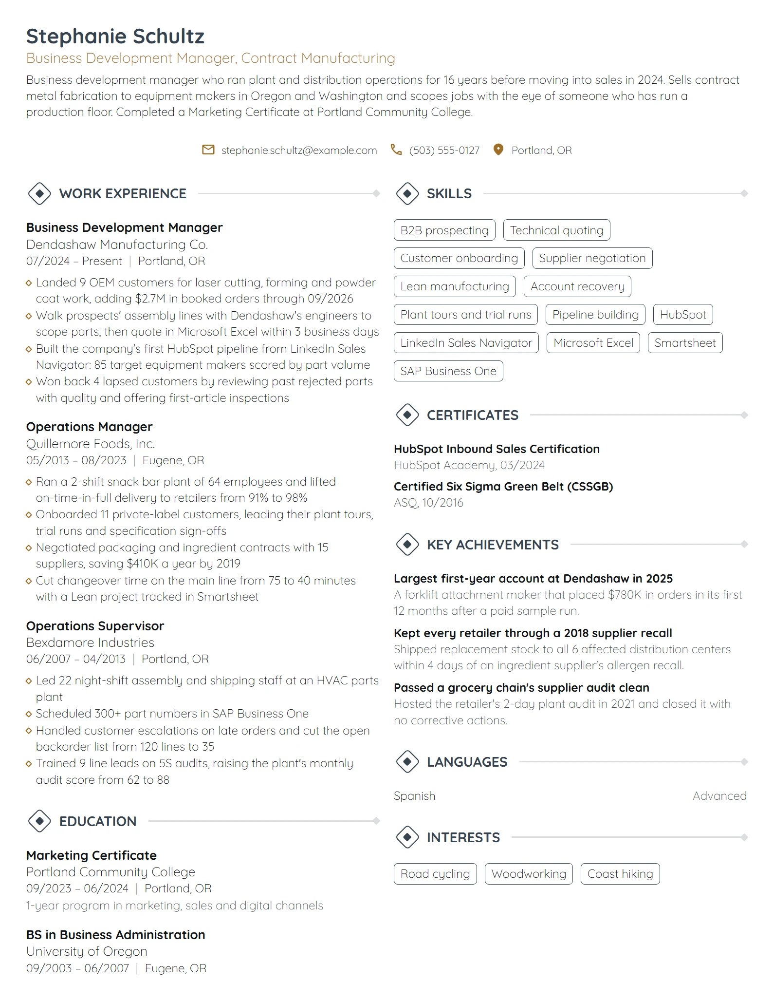 Career Change Business Development Manager resume example