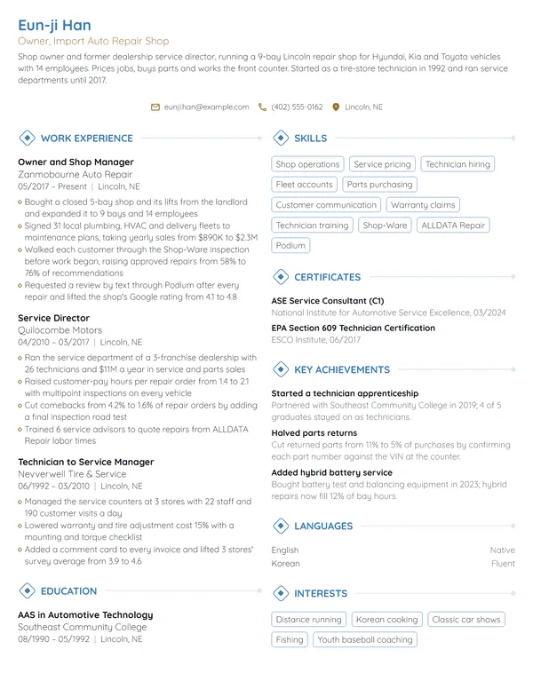 Auto Repair Shop Owner resume example