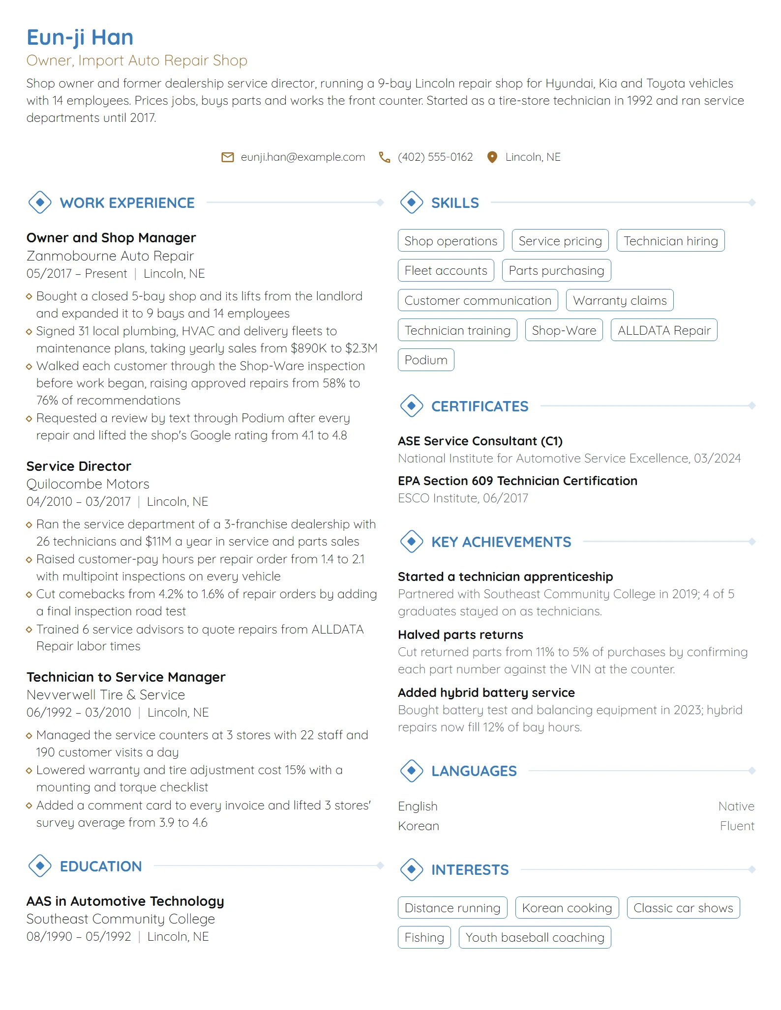 Auto Repair Shop Owner resume example
