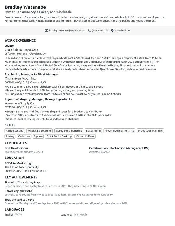 Bakery Owner resume example
