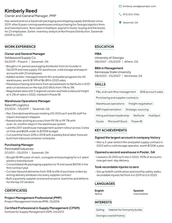 Business Owner resume example