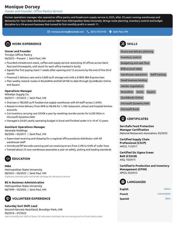 Career Change Business Owner resume example