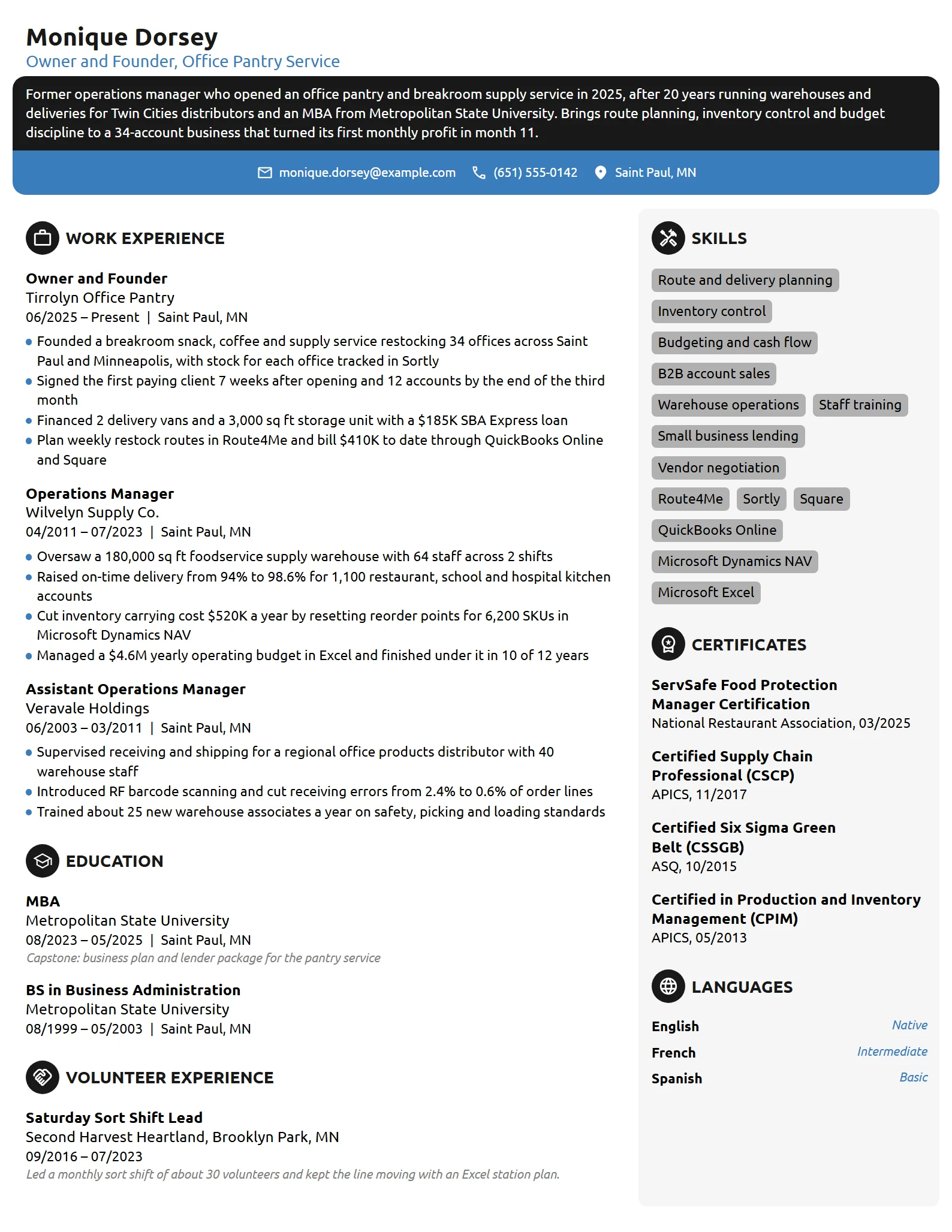 Career Change Business Owner resume example
