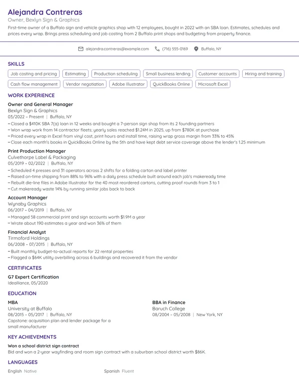 First-Time Business Owner resume example