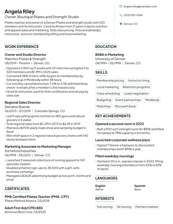 Fitness Studio Owner resume example