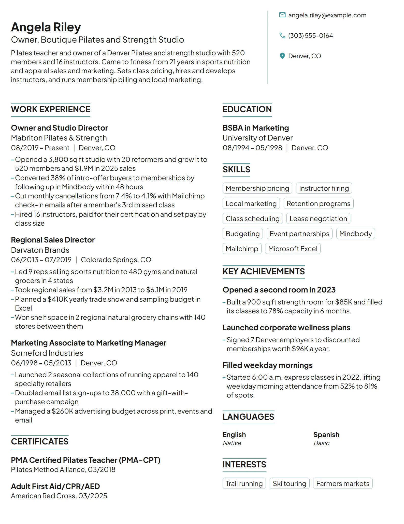 Fitness Studio Owner resume example