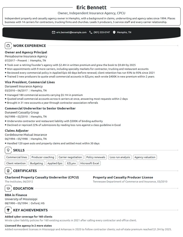 Insurance Agency Owner resume example