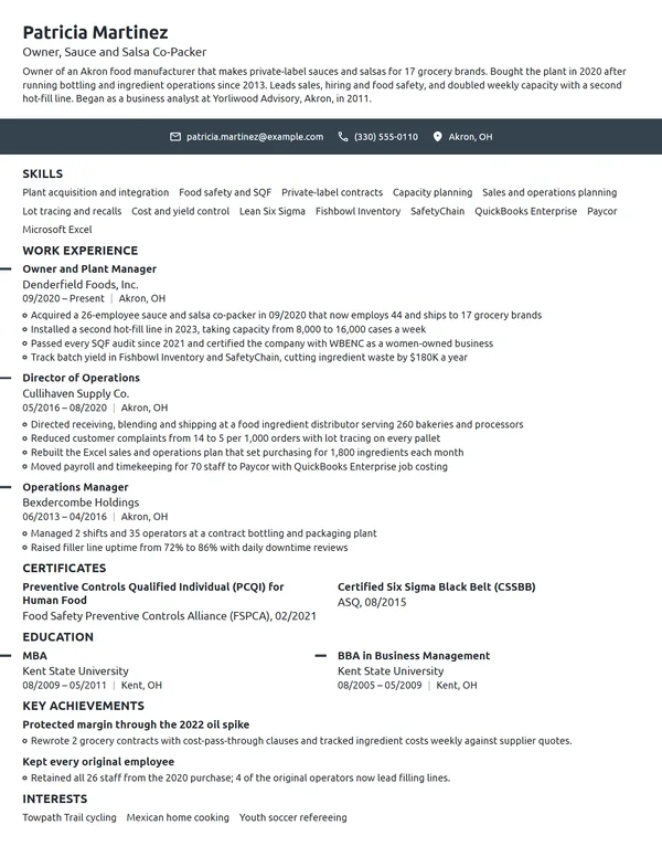 Manufacturing Business Owner resume example