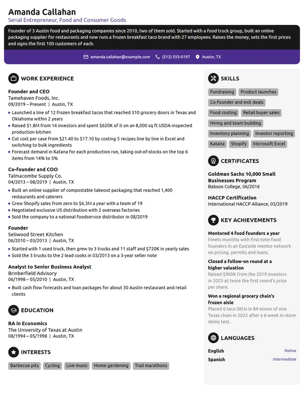 Serial Entrepreneur resume example