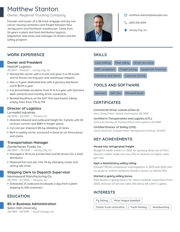Trucking Company Owner resume example