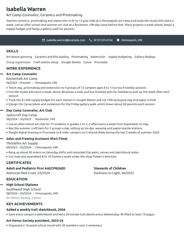 Art Camp Counselor resume example