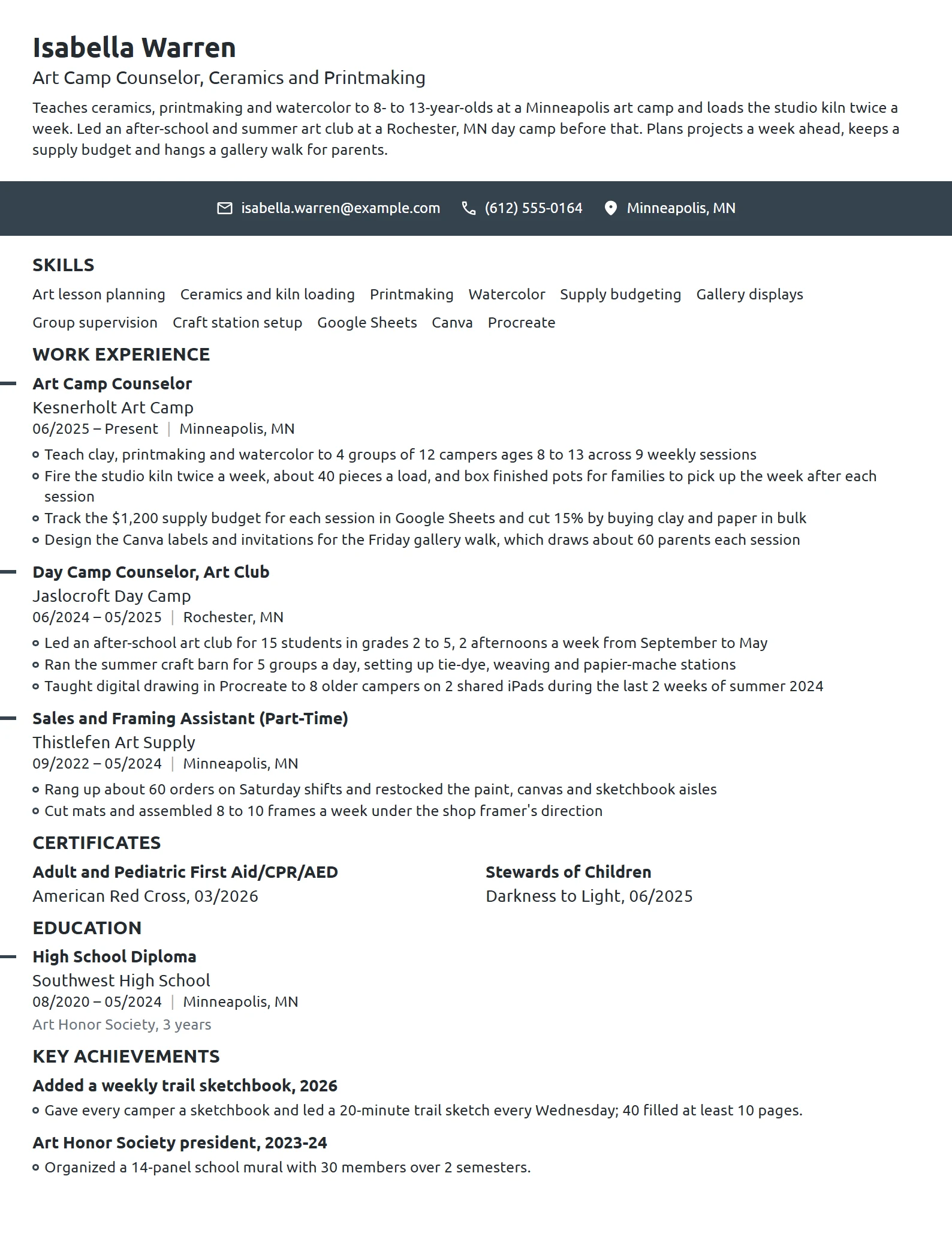 Art Camp Counselor resume example