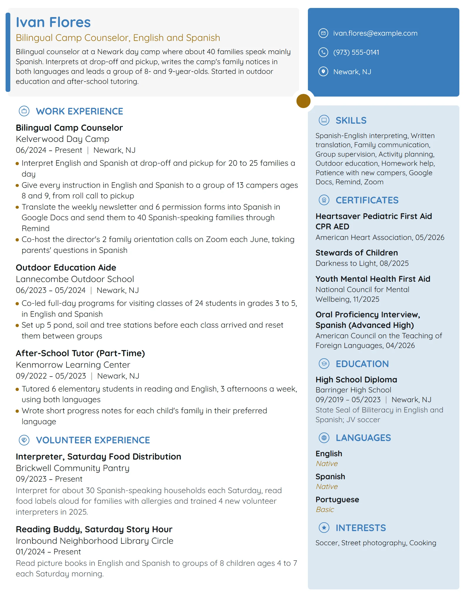 Bilingual Camp Counselor resume example