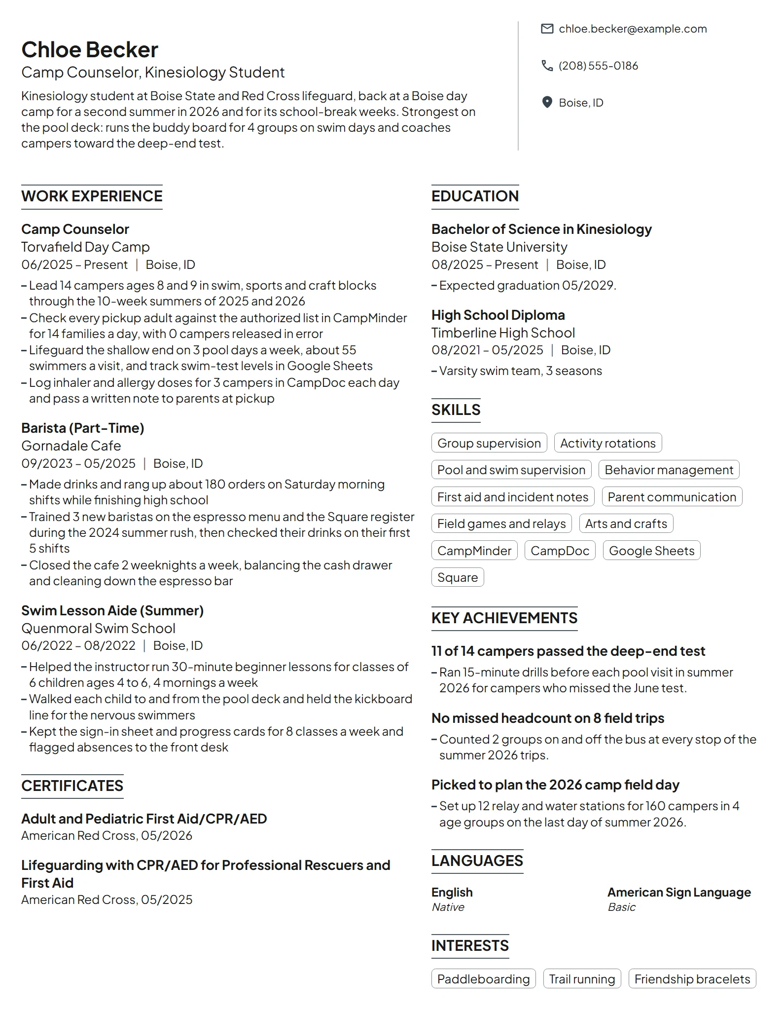 Camp Counselor resume example