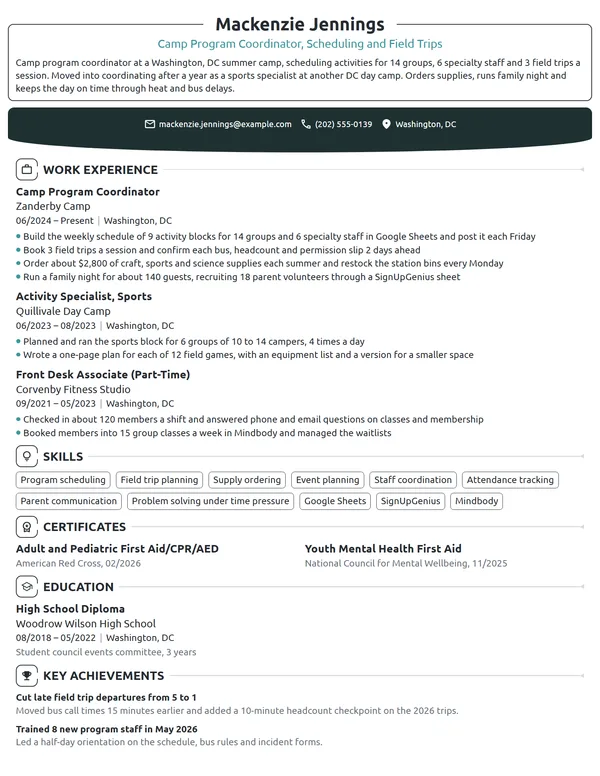 Camp Program Coordinator resume example