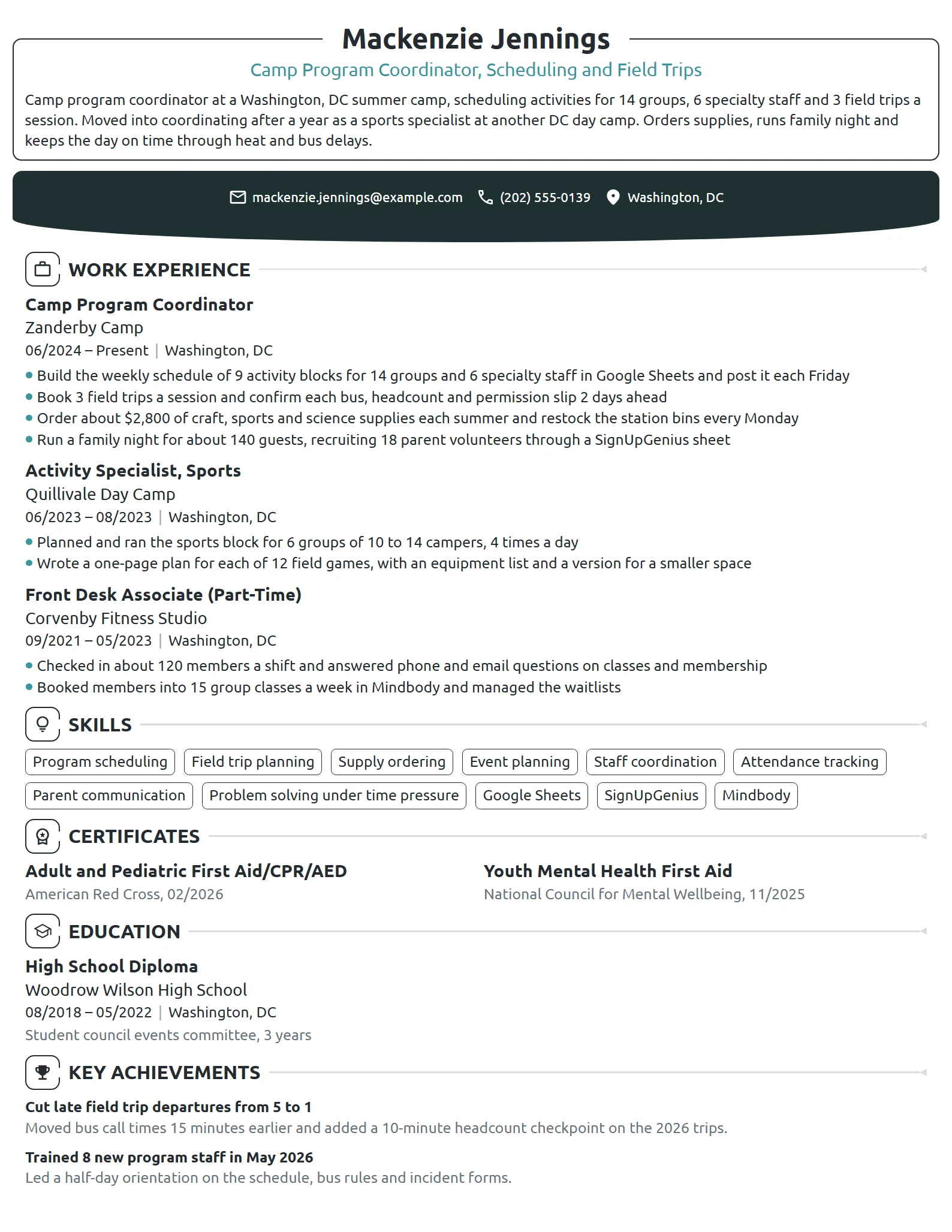 Camp Program Coordinator resume example