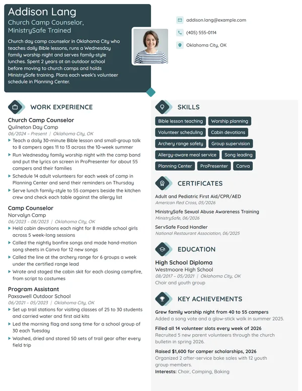 Church Camp Counselor resume example