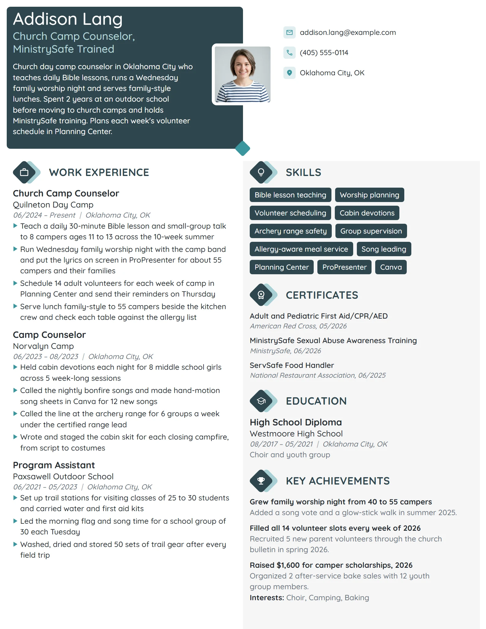 Church Camp Counselor resume example