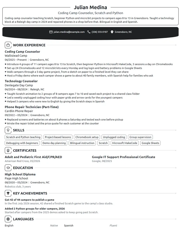 Coding Camp Counselor resume example